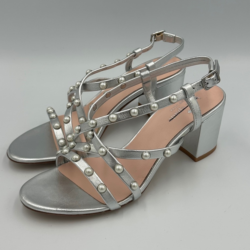 Kate Spade Wynne Sandals Wmns 7.5 Silver Pearl‎ Block Heel Embellished chic READ